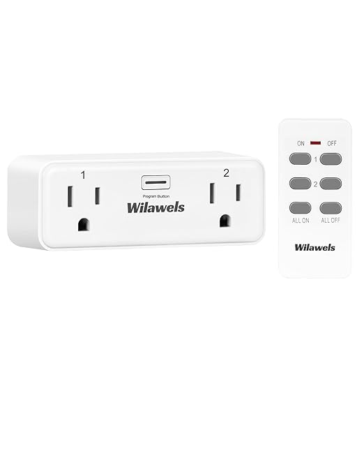 Remote Control Outlet with 2 Independent Control Sockets, WILAWELS Wireless Remote Light Switch for Christmas Tree Lights, String Lights 15A/1875W/125V, Compact, Programmable, FCC Certified W04RC1106