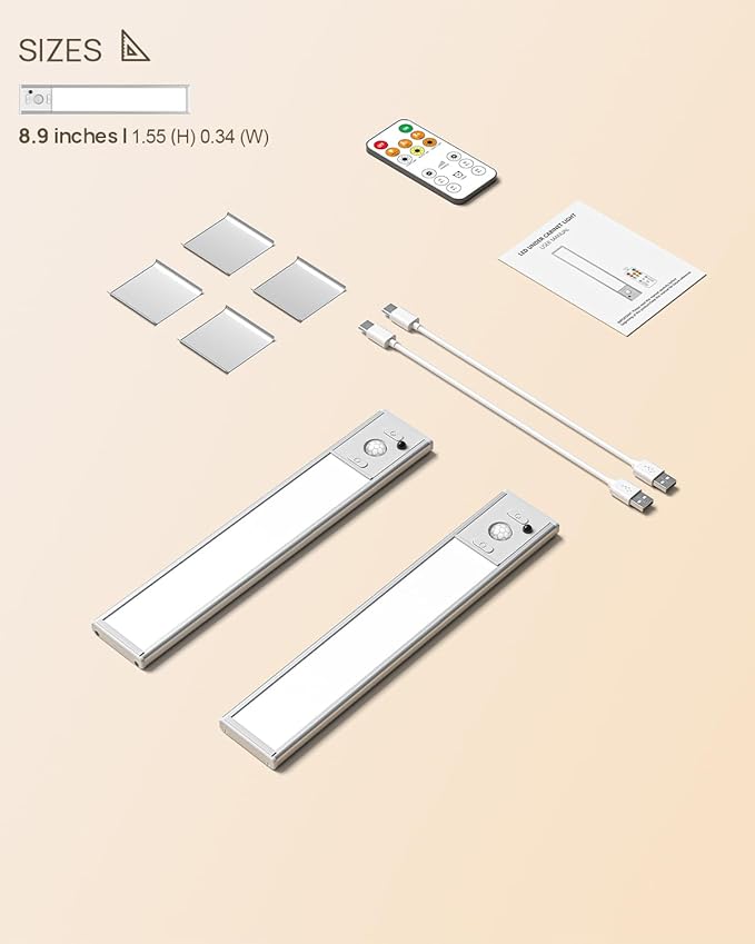 9" Under Cabinet Lights Wireless, Motion Sensor Light Indoor with Remote, LED Rechargeable Closet Light, 3 Color Temps, Dimmable, Magnetic, Under Counter Lights for Kitchen, Stairs, Pantry, Hallway