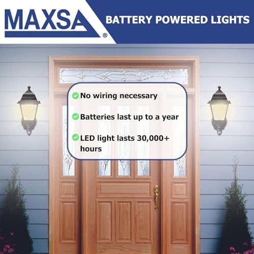 Maxsa 44219-RS Premium Wireless Battery-Powered Motion-Activated Decorative Outdoor Wall Sconce Lighting Fixture, Cool White LED, Metal Housing, Black
