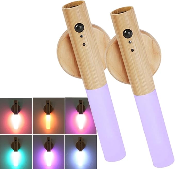 LANDGOO Wireless Wall Sconces Set of 2, RGB Motion Sensor Lights Indoor, Rechargeable LED Night Lights with Wood Design for Bedroom/Closet/Stairs