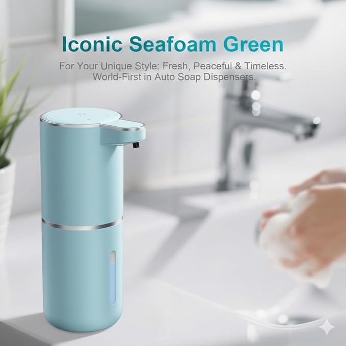 P11 Seafoam Green Automatic Foaming Soap Dispenser, Touchless Sensor for Aesthetic Bathroom Decor, 4-Level Adjustable, USB-C Rechargeable 380ml, Wall Mounted or Countertop for Kitchen and Bathroom