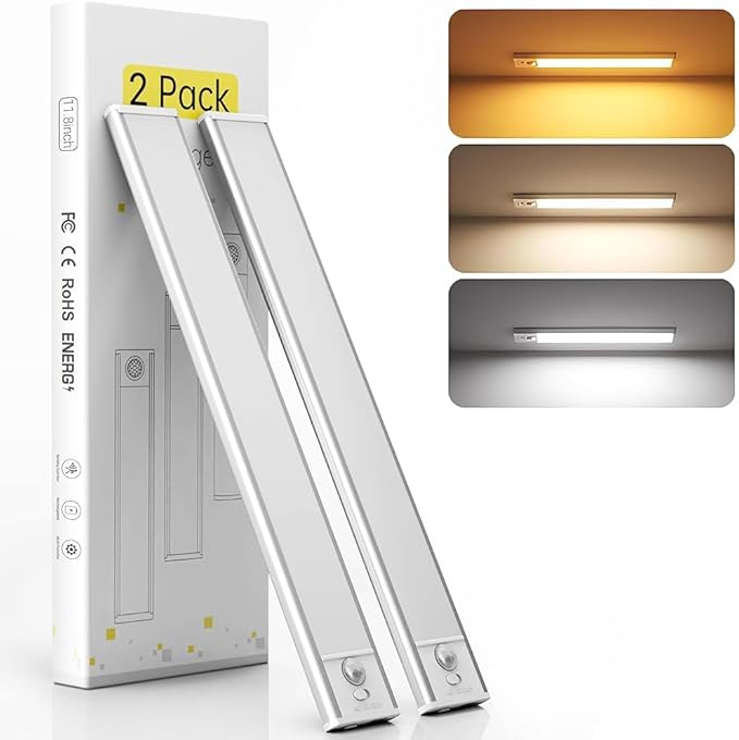 Under Cabinet Lighting, 2 Pack Under Cabinet Lights Rechargeable, Motion Sensor Light Indoor, 3 Color Temps, 5 Levels Dimmable Magnetic Closet Lights, Wireless Under Counter Lights for Kitchen, Stairs