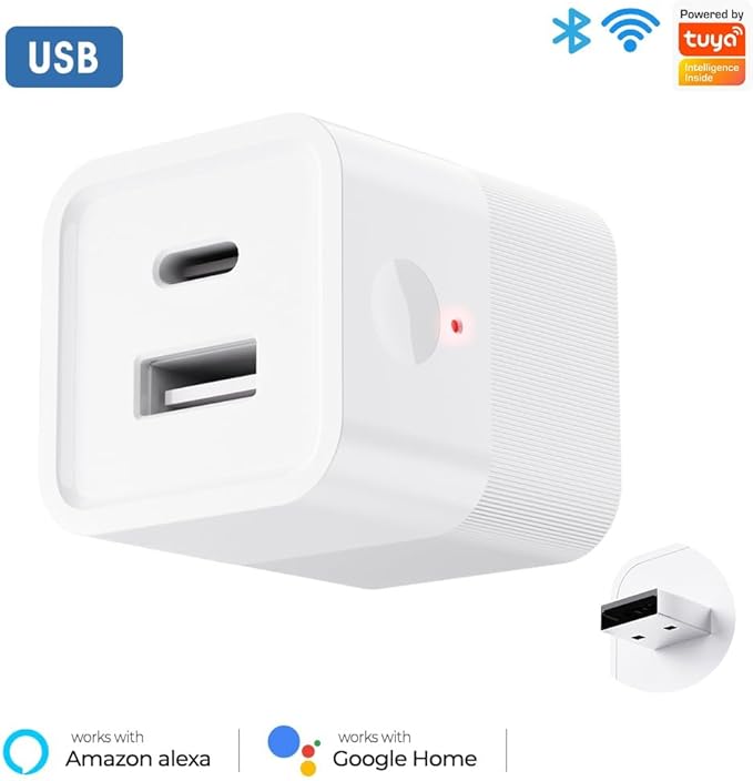 WiFi Smart USB Adapter, Mini Remote Control Switch with Tuya App, DC 5-12V Power Control, Compatible with Alexa and Google Home, White