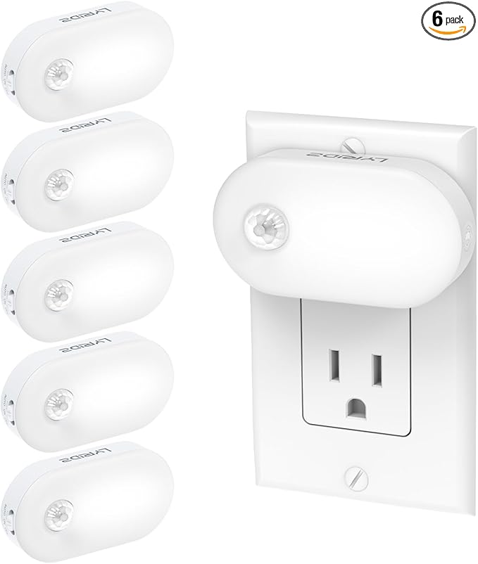 Lyridz 120LM Ultra Bright Plug-in Motion Sensor Night Light, Stepless Dimmable LED Nightlight, Always-On and Auto-Off, for Hallway, Stairs, Bathroom, Bedroom, Garage, Cool White (6-Pack)
