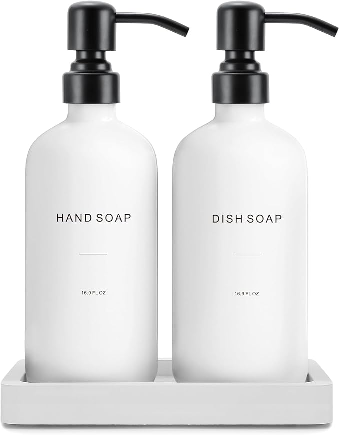 Prus Waso Kitchen Soap Dispenser Set, White Soap Dispenser with Black Stainless Steel Pump, Perfect for Modern Kitchen Decor. (White)