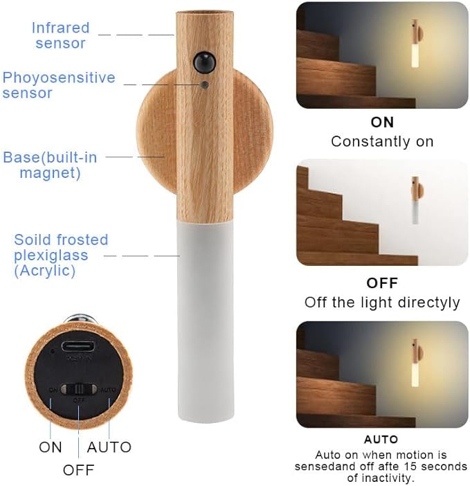 LANDGOO LED Automatic Motion Sensor Lights Wall Lamps Set of 2 Sconces Battery Operated Rechargeable Portable Magnetic 360° Rotation Cordless for Bedroom Bedside (White Ash Wood 2pcs)