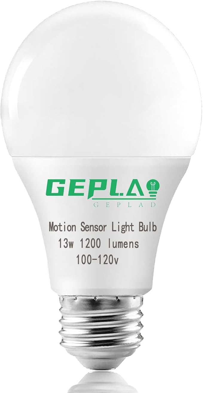 GEPLAD 4-Pack Upgrade Motion Sensor LED Light Bulbs 12W (100W Equivalent), A19 E26 Dusk to Dawn Bulb, Outdoor & Indoor, 5000K Daylight, 1200LM,Glass-Penetrating Sensor, Upward/Downward Mounting