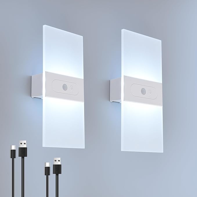 Battery Sconces Wall Decor Set Of 2, Motion Sensor Light Idoor Wireless Dimmable Wall Lamp With button switch, Cold White Magnetic Stick On Lights For Wall,Wall Lights For Bedroom,Hallway,Stair