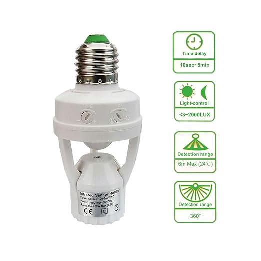 Motion Activated Light Socket,E26 Motion Security Light Bulb Socket Indoor for Front Door Porch Garage Basement Hallway Closet (2 Pack)