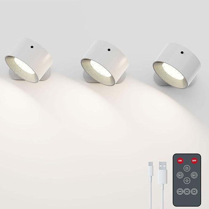 Deyagoo 3PACK Romote LED Wall Sconce - Rechargeable Wall Light, 3 Colors & 3 Brightness Levels, 360° Magnetic Rotating Head, Bedside Reading Lamp, Easy Install Battery Operated Lamp White