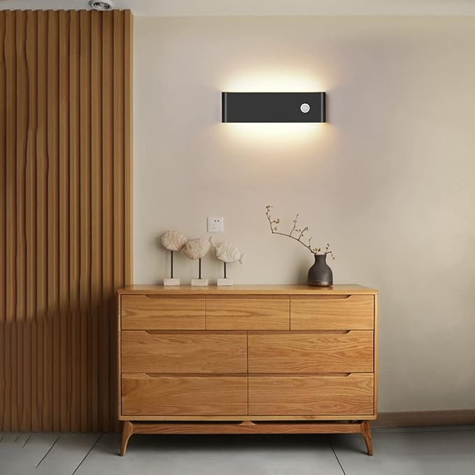 LED Hardwired Motion Sensor Light Indoor Wall Sconce, 12W Motion Sensor Wall Light Indoor Sconce Wall Aluminum Modern Wall Sconce for Living Room Hallway Stair (Black 3000K, 1 Pack)