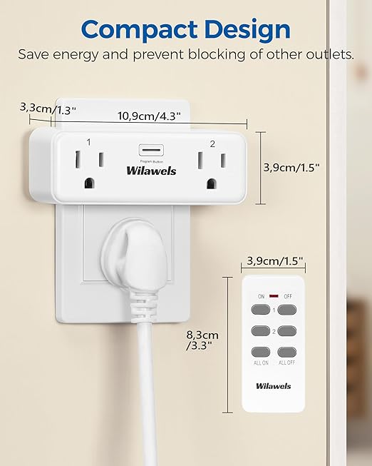 Remote Control Outlet with 2 Independent Control Sockets, WILAWELS Wireless Remote Light Switch for Christmas Tree Lights, String Lights 15A/1875W/125V, Compact, Programmable, FCC Certified W04RC1106