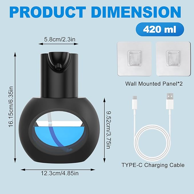 Automatic Foaming Soap Dispenser, 15oz/420ml Smart Hand Soap Dispensers, Touchless Wall Mount with 4-Level Adjustable, Rechargeable Foaming Hand Soap Dispenser for Bathroom Kitchen Office Black