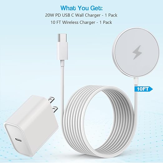 10FT Magnetic Wireless Charger,15W Fast Apple Mag-Safe Charger for iPhone 17/16/15 PD with USBC Apple Fast Charging Block 10Foot Quick Charge for iPhone 17/17 Air/17 16 15 Pro/Pro Max/14/13/12/AirPods