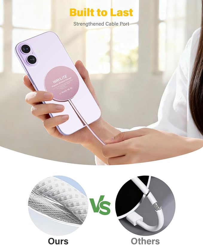 25W Wireless Charger for MagSafe,Qi2.2 Magnetic Fast Charging Pad for iPhone 17/16/15/14/13/12 Series&AirPods,Strong Magnet,Portable Wireless Charger for Travel Home Office (Pink, 4ft)
