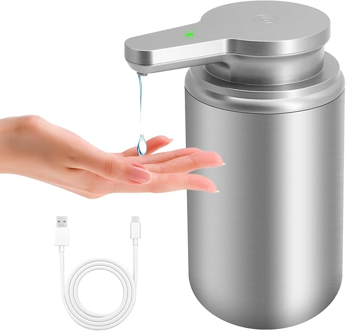12 oz. Automatic Soap Dispenser Stainless Steel with Sensor Infrared Soap Dispenser Electric IPX5 Waterproof USB-C Charging Motion Sensor for Kitchen & Bathroom (Silver Cyl)