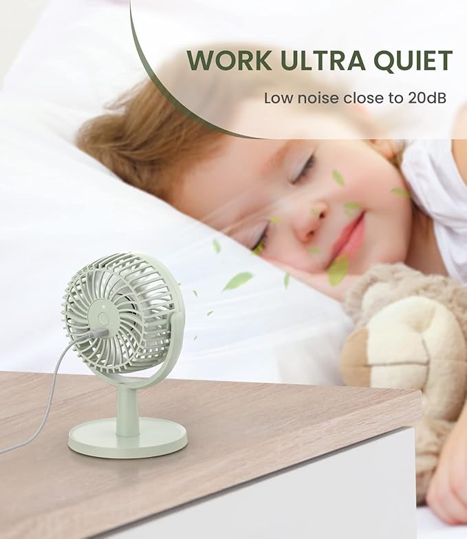 LEMOISTAR Small Personal USB Powered Fan with 4 Speeds, Portable Desk Fans with 310° Rotation, Mini Powerful Table Fans, Air Cooling Fan for Office, Bedroom, Easy to Store, Strong, Compact-Green