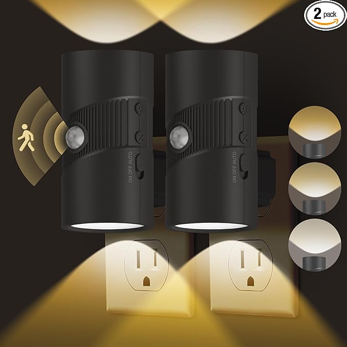 easuntec Motion Sensor Night Light, Night Lights Plug into Wall, Motion Sensor & Dusk to Dawn Sensor, 3 Light Modes, Dimmable Night Light for Bedroom Bathroom Hallway Stair (Black, 2 Pack)
