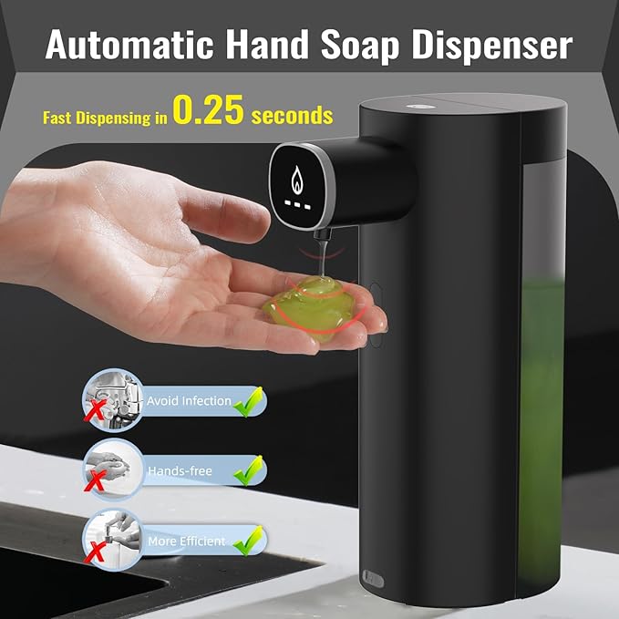Automatic Liquid Soap Dispenser Touchless, USB Rechargeable Smart Hand Soap Dispenser, 13.5oz/400ml, 3-Level Adjustable, Compatible with Thick Thin Dish Soap for Bathroom Kitchen, Clog-Free (Black)
