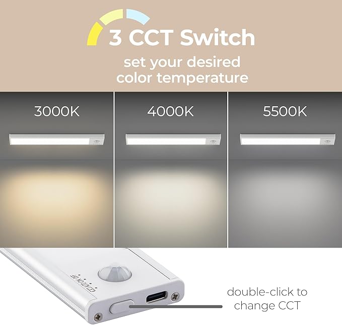 Magnetix 8in Re-Chargeable LED Under Cabinet Motion Sensor Light Bar with Magnetic Mounting Clips, Dimmable and 3-CCT Selectable in Brushed Aluminum (Pack of 2) for Kitchen and Closet