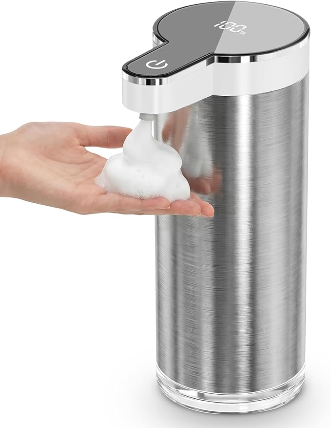Automatic Foaming Soap Dispenser Touchless, Stainless Steel Hand Soap Dispenser, USB Rechargeable, 4 Adjustable Levels, 11.8oz/350ml for Kitchen and Bathroom (Stainless Steel White, Foam)
