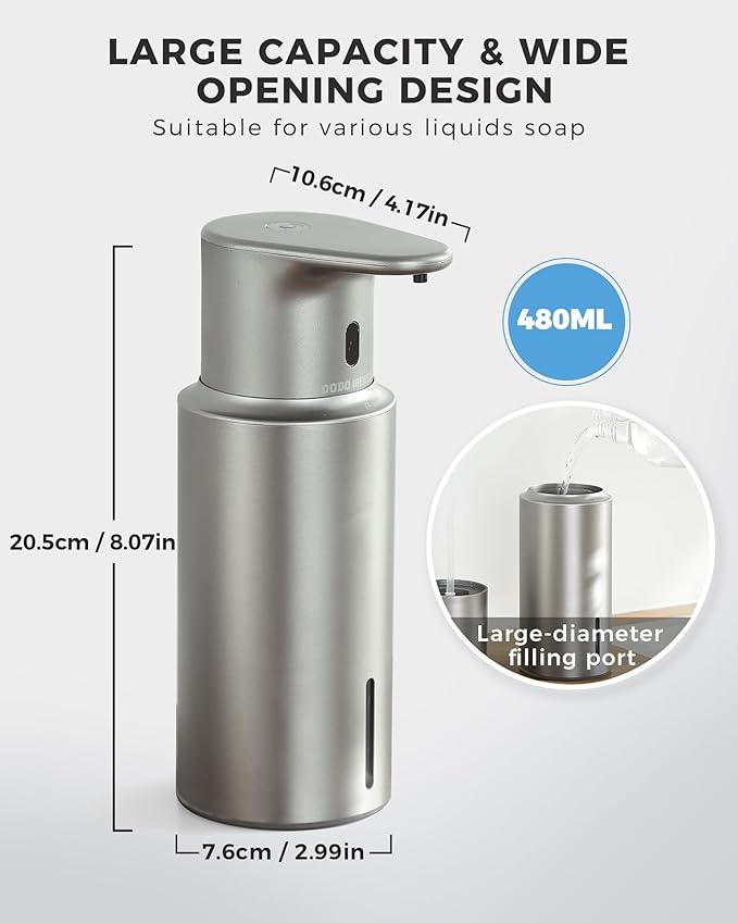 Automatic Foaming Soap Dispenser Touchless, 304 Stainless Steel Bottle Body &16.2oz/480ml Rechargeable, 3 Adjustable Liquid Levels, IPX7 Waterproof, for Kitchen Bathroom, Stainless Steel