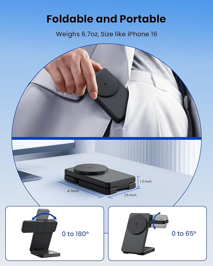 Magnetic Wireless Charging Station for Apple: Upgraded Certified 15W 3-in-1 Magsafe Wireless Charger Stand, Foldable Travel Fast Charger for iPhone 17 16 15 14 13 12 Series, Apple Watch, AirPods