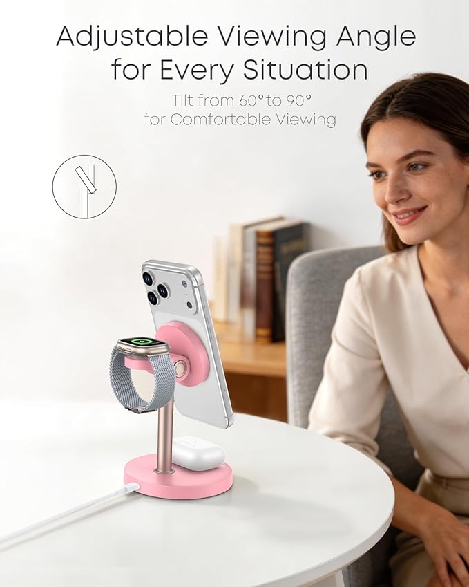 3 in 1 Magnetic Wireless Charging Station, 15W Fast Charger Stand for iPhone, Phone Charger Stand for Desk Nightstand, for iPhone 17/16/15/14/13/12, Apple Watch & AirPods, Adapter Not Included -Pink