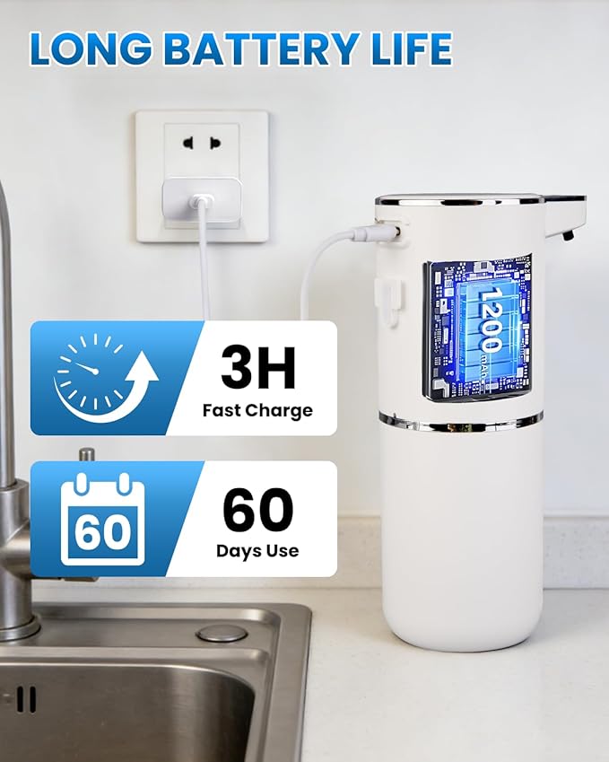 Automatic Foaming Soap Dispenser, Touchless, USB Rechargeable Foam Hand Soap Dispenser, 4 Adjustable Volume, Clog-Free for Bathroom Kitchen, Soap Waste Reduction, Easy for Toddlers, White