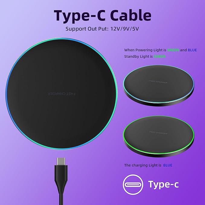 Wireless Charger Compatible with iPhone 16 15 14 13 12 11 Pro Max/Mini/Plus/XR/X/8, 15W Max Fast Wireless Charging Pad Mat for Samsung Galaxy S23/S22/S21/S20/S10, Galaxy Buds