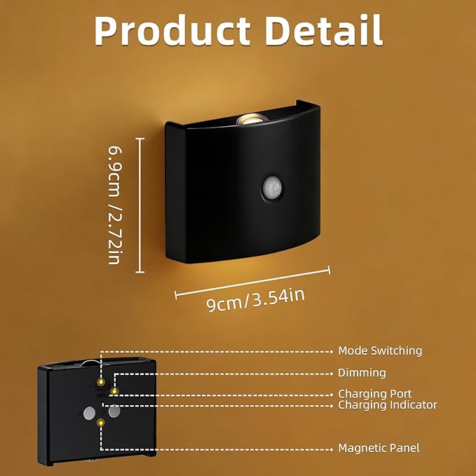 2 Pack Motion Sensor Wall Light, Rechargeable Wall Sconce with 3 Color Temperatures and Brightness Adjustable, Wireless Magnetic Mount for Bedroom, Stair, Hallway, Closet (4, Black)