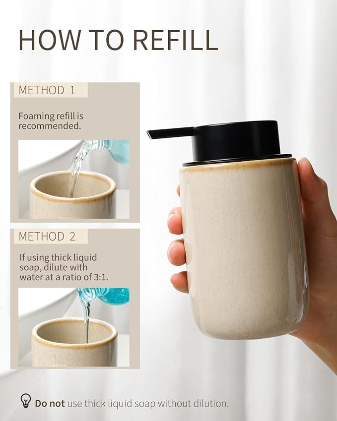 BosilunLife Foam Soap Dispenser - Ceramic Foaming Hand Dispenser for Bathroom Modern Farmhouse Small Soap Dispenser Hand Pump Dispenser for Kitchen Sink (Greige with Speckle, Foam Pump)