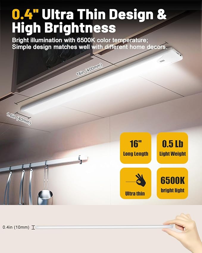 Pak 16 Inch Under Cabinet Lights, Hand Wave Sensor 83 LED Indoor Cabinet Lighting, USB Rechargeable Wireless Closet Light, Stepless Dimming Under Counter Light for Kitchen, Shelves, Bedroom, 2 Pack
