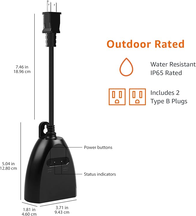 Amazon Basics Outdoor Smart Plug with 2 Individually Controlled Outlets, Works with Alexa Only, Voice Control, Weather Resistant, 2.4 GHz Wi-Fi, No Hub Required, Black
