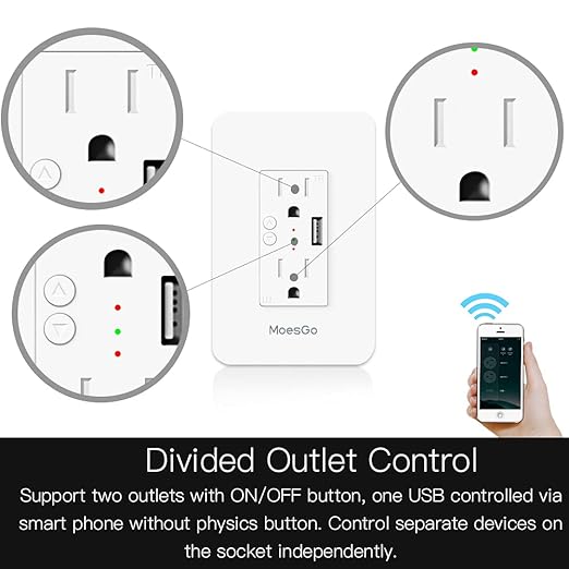MoesGo Smart Power Wall Outlet with USB, WiFi Socket with 2 Plug outlets 15 Amp Divided Control, Smart Life/Tuya APP Remote Controller, ETL Certified, Work with Alexa and Google Home, No Hub Required