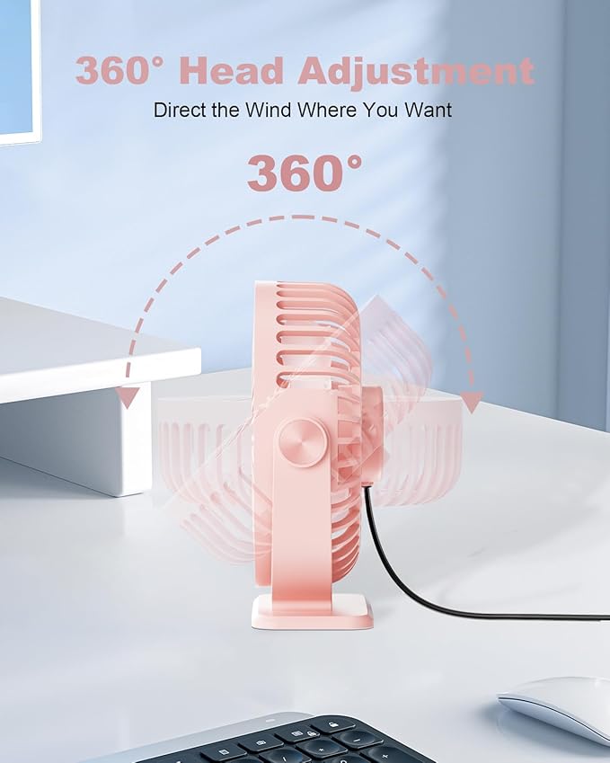 TriPole USB Desk Fan Mini Portable Personal Fan, 3 Speeds Adjustable Strong Breeze Small Electric Fan, 360° Rotation Quiet Plug In USB Fan for Desktop Bedroom Office Table Travel Cruise, Pink, 4.5in