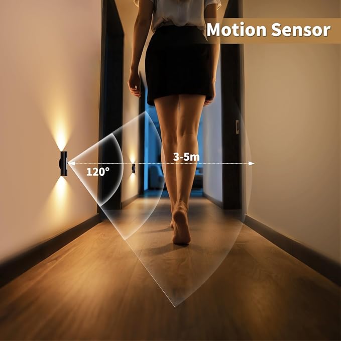WOBSION Motion Sensor Wall Light with Remote Control, Rechargeable Wireless Wall Sconce, Brightness Adjustable, 3 Color Mode,Indoor Lamp for Hallway, Bedroom,Picture,LED,Black,2 Pack