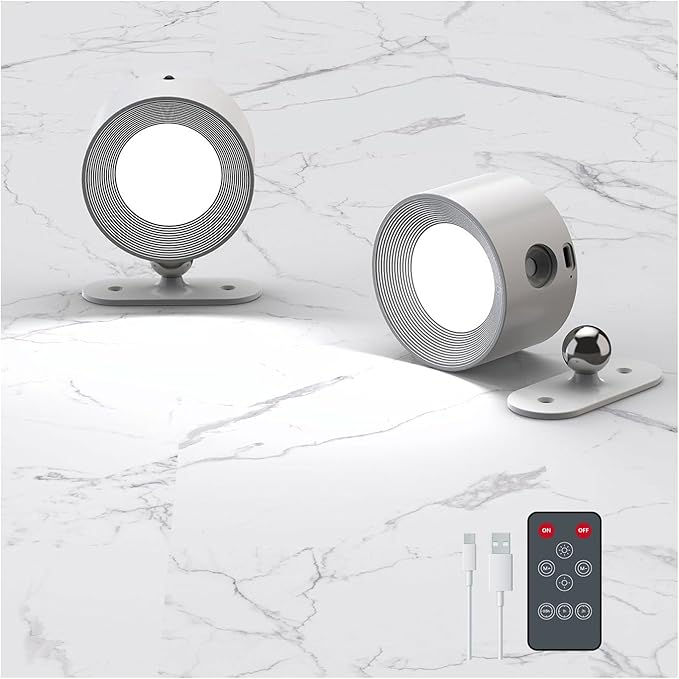 Deyagoo 2PACK Romote LED Wall Sconce - Rechargeable Wall Light, 3 Colors & 3 Brightness Levels, 360? Magnetic Rotating Head, Bedside Reading Lamp, Easy Install Battery Operated Lamp White