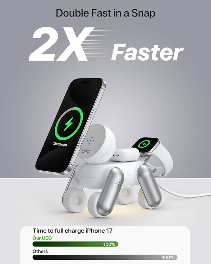 UEQ 3 in 1 Wireless Charging Station for Apple Devices,Foldable Cute Magnetic Mag-Safe Wireless Charger Stand with Night Light for iPhone 17 Air 16 15 14 13 12 Series,AirPods 4 3 2 Pro,Apple Watch