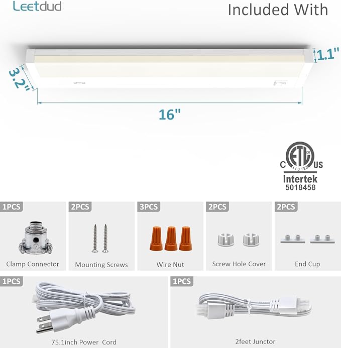 Leetdud LED Under Cabinet Lighting Hardwired or Plug in, 16 Inch 8W, Dimmable 5 Color 2700K/3000K/3500K/4000K/5000K, Linkable Eyes Care Design Counter Lights for Kitchen, Sink, ETL Listed, White