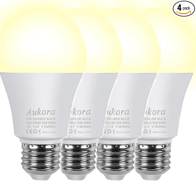 Aukora Motion Sensor Light Bulbs 4-Pack, 12W (100-Watt Equivalent) E26 Motion Activated Dusk to Dawn Security Light Bulb Outdoor/Indoor for Front Door Porch Garage Basement Hallway Closet(Warm White)