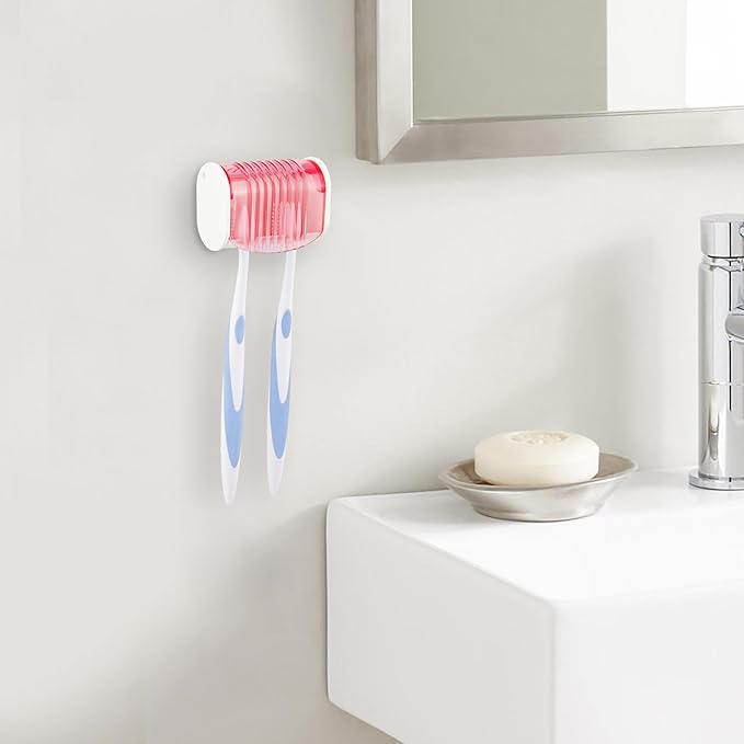 2 Pack Toothbrush Holder Wall Mounted with Cover for Bathroom, 2 Slots Toothbrush Storage Organizer for Shower, Self Adhesive Toothbrush Hanger (Pink)
