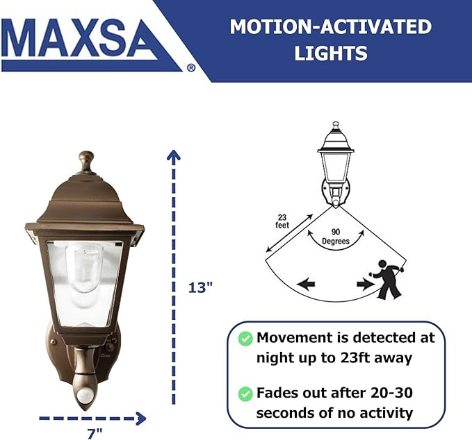 Maxsa 46219 Premium Battery-Powered Motion-Activated Decorative Outdoor Cool White LED Wall Sconce Lighting Fixture, Metal Housing, Dark Copper