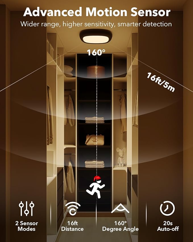 Motion Sensor Rechargeable Ceiling Light with Remote, 12000mAh Wireless Shower Lights for Inside Shower, Battery Operated Closet Light Sensored LED Overhead Lighting No Wiring for Hallway Garage
