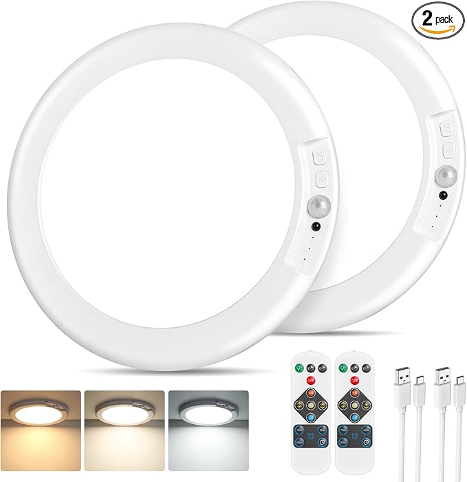 Rechargeable Motion Sensor Ceiling Lights with Remote, Battery Operated Closet Lights No Wiring, Wireless LED Shower Lights, 3 Colors Dimmable Overhead Lamps for Closet Shower Pantry Hallway, 2 Pack