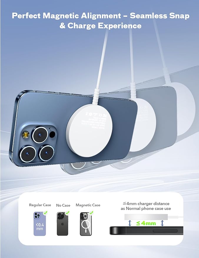 Magnetic Wireless Magsafe Charger iPhone: Charging Pad for iPhone 17/16/15/14/13/12 Series & AirPods Pro 4-2, Strong Magnet, Dual Ports, Case-Friendly, Lightweight for Travel Home Office Desk
