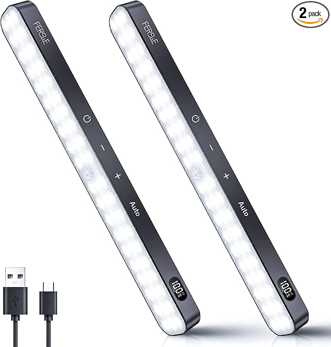 Ferswe Under Cabinet Lights Rechargeable, Battery Level Display, 60 LED Motion Sensor Cabinet Light, Dimmable Touch Control, Under Counter Lights for Kitchen, Closet, Cupboard(2 Pack)