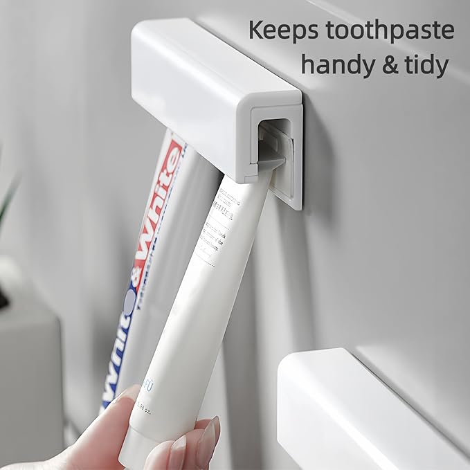 Toothpaste Holder, Cosmetics in Tubes Clips, Tooth Paste Organizers Gripper with 1 Toothpaste Squeezer - Wall Mounted, White, Large