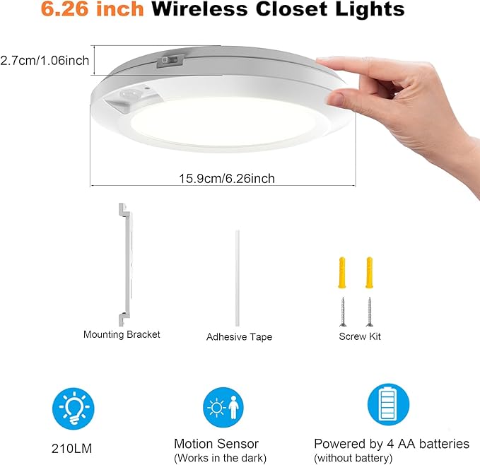 Battery Operated Motion Sensor Light Indoor, 6.3", 210LM, 6000K Cool White, Stick-on or Screw Mount for Ceiling/Wall, for Closet, Pantry, Shed, Cabinet, Stairwell, Hallway, 1-Pack