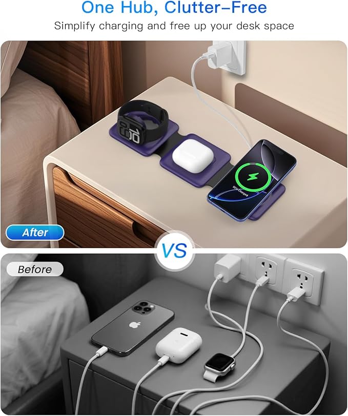 Iseyyox Charging Station for Mag Safe Apple - 3 in 1 Magnetic Foldable Wireless Charger Pad - Travel Charging Mat for iPhone 17 16 15 14 13 12 Pro Max Plus Watch & Airpods